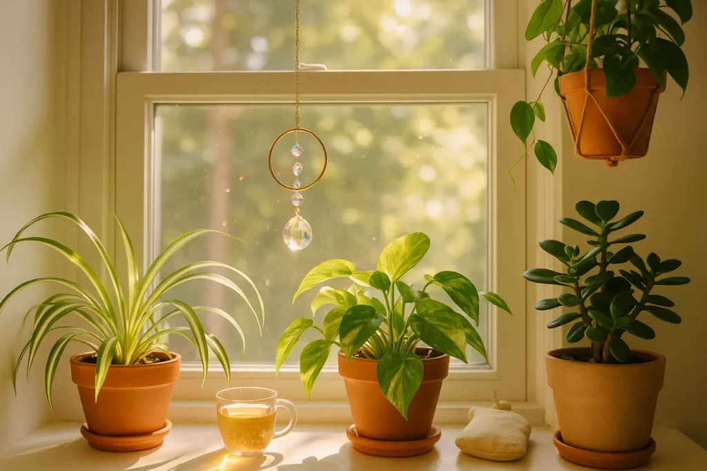 Attrape-soleil et plantes, scénographies près des fenêtres