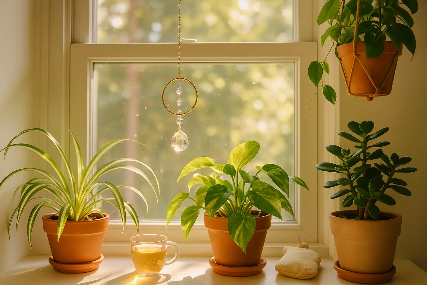 Attrape-soleil et plantes, scénographies près des fenêtres