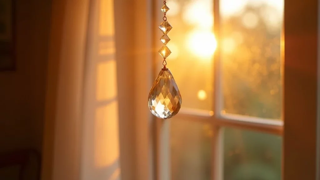 Comment accrocher un attrape-soleil sans percer le mur ni abîmer la vitre : 5 méthodes testées — détail cristal — attrape-soleil suncatcher MonSuncatcher